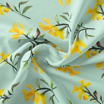 Seamles Yellow Floral Digital Printed Fabric-Kora Silk / 110 CM