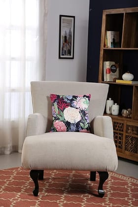 Koko Decorative Polyester Cushion Cover 16x16 inch - Natural Soft Textured Black Solid Colour Floral Print - Square Pillow Cover for Bed, Sofa, Chair Seat (Pack of 1)