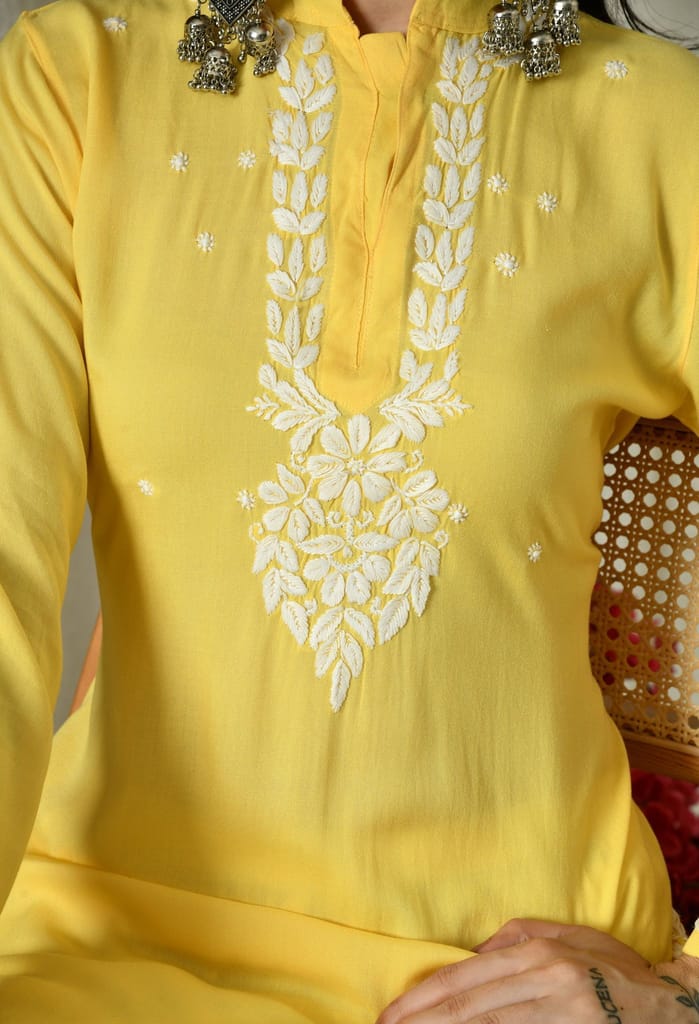 Saanjh – Sunshine Yellow Rayon Kurta with Classic Chikankari