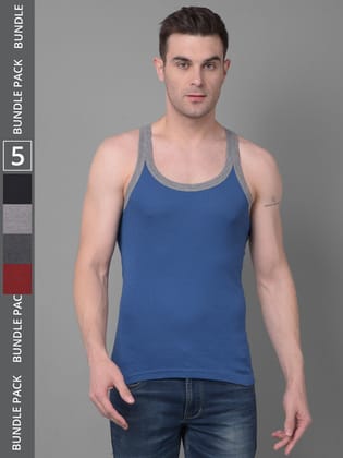 Men's Assorted Pack of 5 Solid Combed Cotton Racerback Styled Gym Vest Men's Assorted Pack of 5 Solid Combed Cotton Racerback Styled Gym Vest