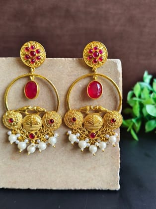 Gold-Plated Dangler Earrings with Jade Stones, Bird Design & Pearls | Sarichka-Red