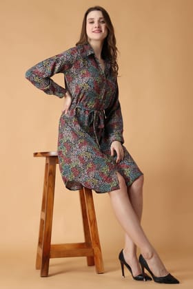 Multicolored Small Floral Printed Buttoned Dress-L / Multicolored