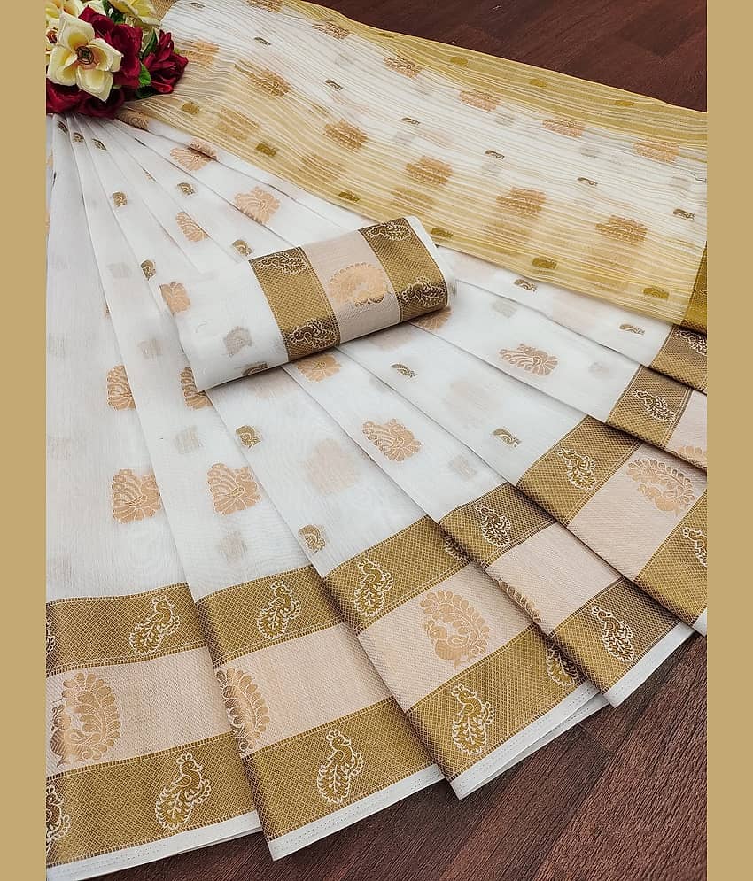 IndShopMart Cotton Silk Self Design Saree With Unstitched Blouse Piece ( White )