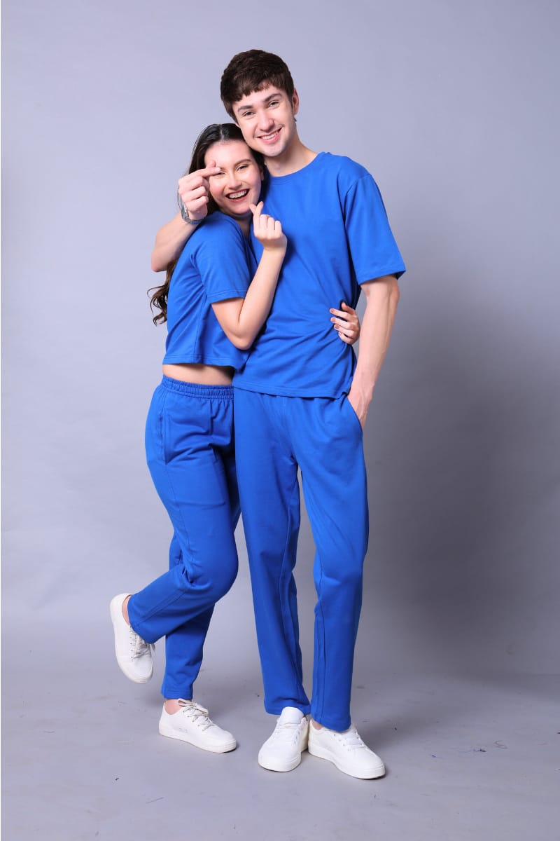 Royal Blue Couple Co-Ord Set – Crop Top & Oversized Tee with Joggers (Pack of 2)