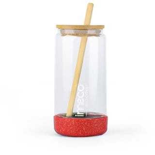 IMECO ECO CRYST Glass Sipper Bottle (500 ml, Red) Borosilicate Glass with Bamboo Lid and Straw, BPA-Free