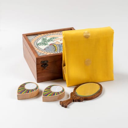 Wooden Gift Box with Runner, Hand Mirror & Tea Light Holders-Madhubani Painting Box x 1 /Chanderi Runner x 1 / T light x 2 / Small hand mirror x 1 / 8.5 inches x 8.5 inches x 4 inches (Box Dimens