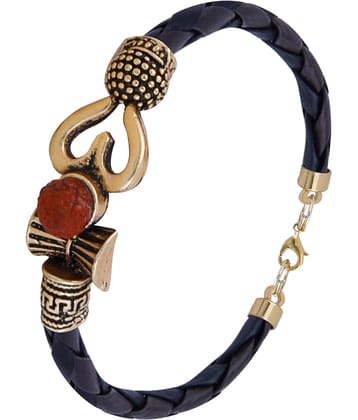 Rudraksha OM Trishul Damroo Designer Oxidized Gold Bahubali Leather Kada Bracelet Unisex Bracelets for Men & Women