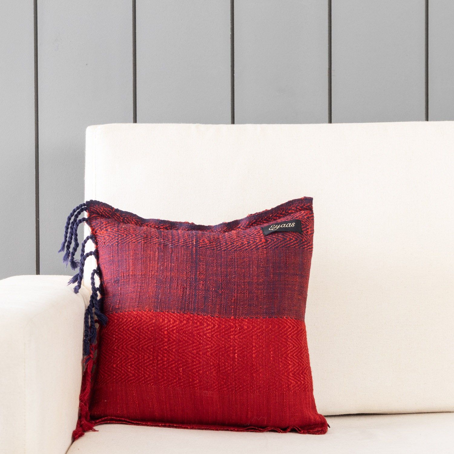 Handwoven Upcycled Red & Blue Wool & Oak Silk Cushion Cover - 12x12-Red / Blue / Wool & Oak Silk