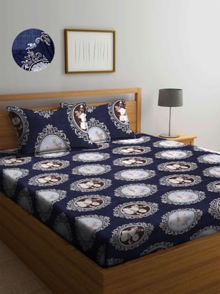 Blue & White Ethnic Motifs 300 TC King Bedsheet with 2 Pillow Covers
