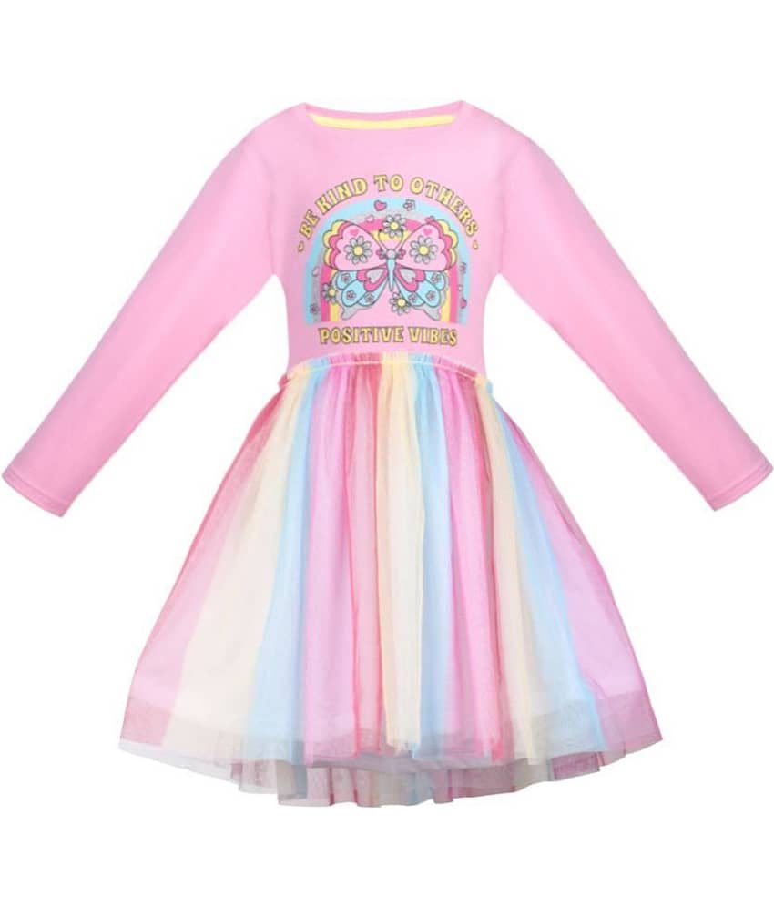 Cherry Tree Cotton Blend Fit And Flare Dress For Girls ( Pack of 1 , Pink )