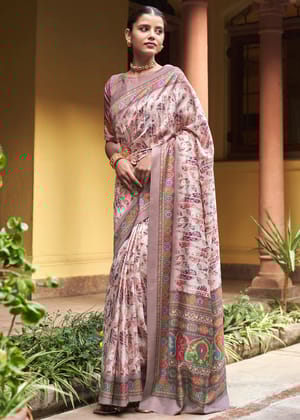 Blush Pink Digital Printed Satin Silk Saree
