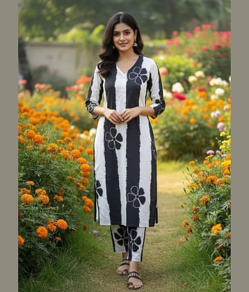 ETZIN Women Rayon Printed Straight Kurti With Pants ( Black )
