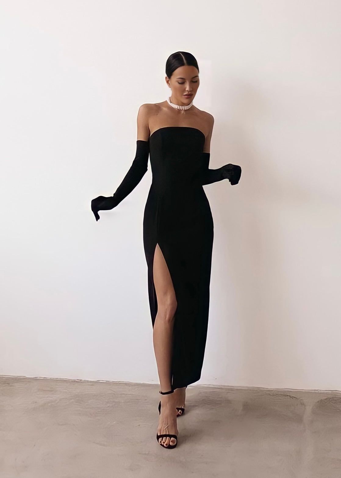 Long Classic Dress & Gloves Set-XXS / Black