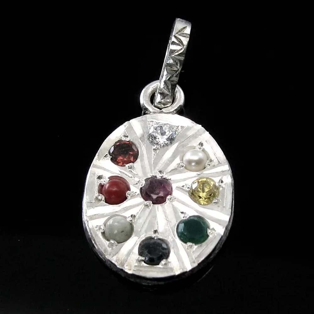 Navratan 9 Multi Gemstones Studded Silver Pendant