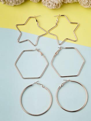 NVR Women Set Of 3 Rose Gold-Toned Geometric Hoop Earrings-Onesize / Rose Gold / Alloy