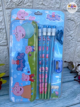 Spot Hunt Box Stationary Kit Set With Four Pencils/Eraser/Sharpener/Pencil Box/Pencil Grip For Navratri/Kanjak Gifts/Birthday Return Gifts In Bulk For Kids, Girls (Assorted, Pack Of 1)