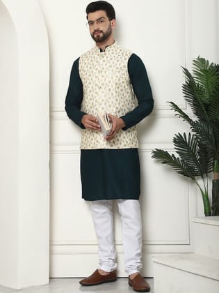 Men's Pure Cotton Brown Kurta and White Pyjama With Embroidered Cream Nehru Jacket Set-38
