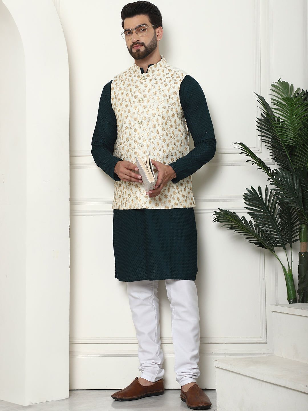 Men's Pure Cotton Brown Kurta and White Pyjama With Embroidered Cream Nehru Jacket Set-38