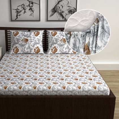 Tulip Floral Grey and Brown Elastic Fitted Double Bed Bedsheet-Double / Grey and Brown / EM4012-FDB