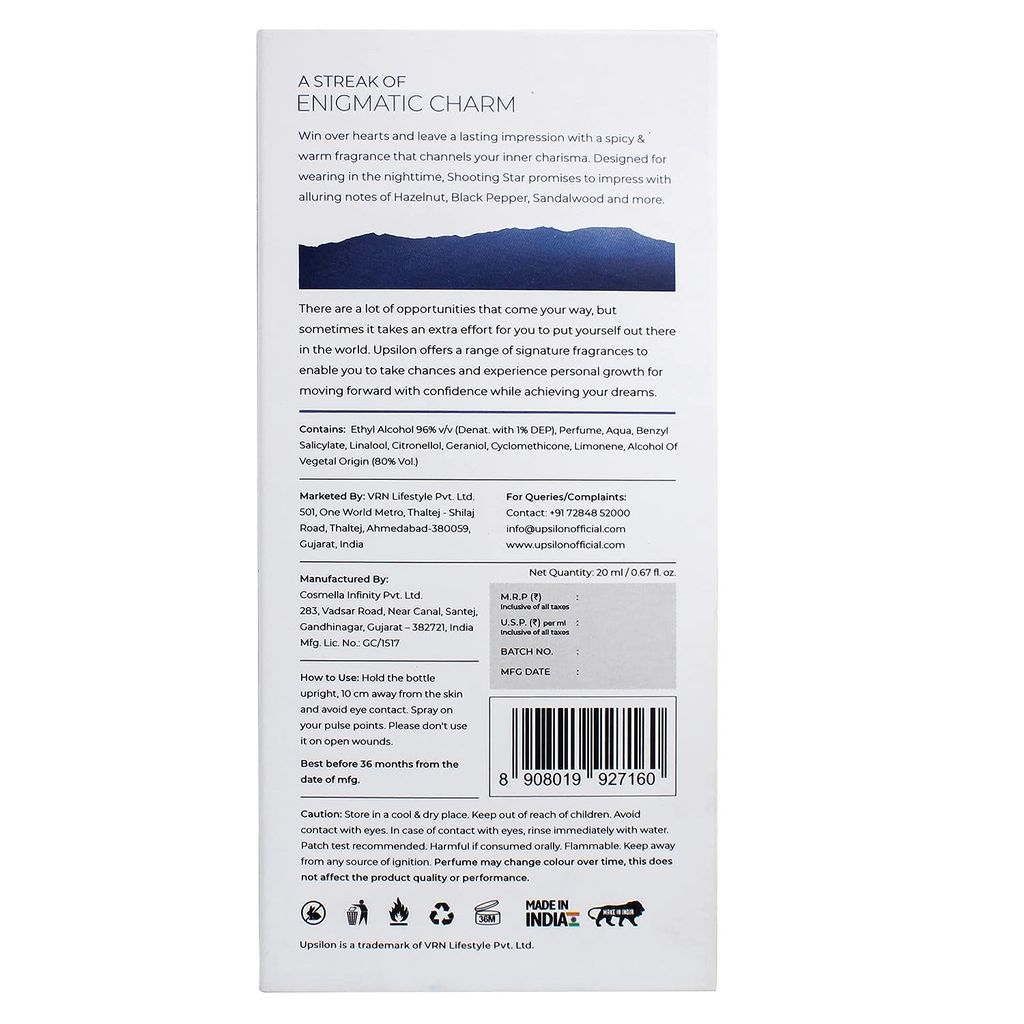 UPSILON Shooting Star Eau De Parfum - 20ML Premium Long Lasting Fresh & Powerful Fragrance Mens Perfume Spray Travel Friendly Luxury Parfum Scent