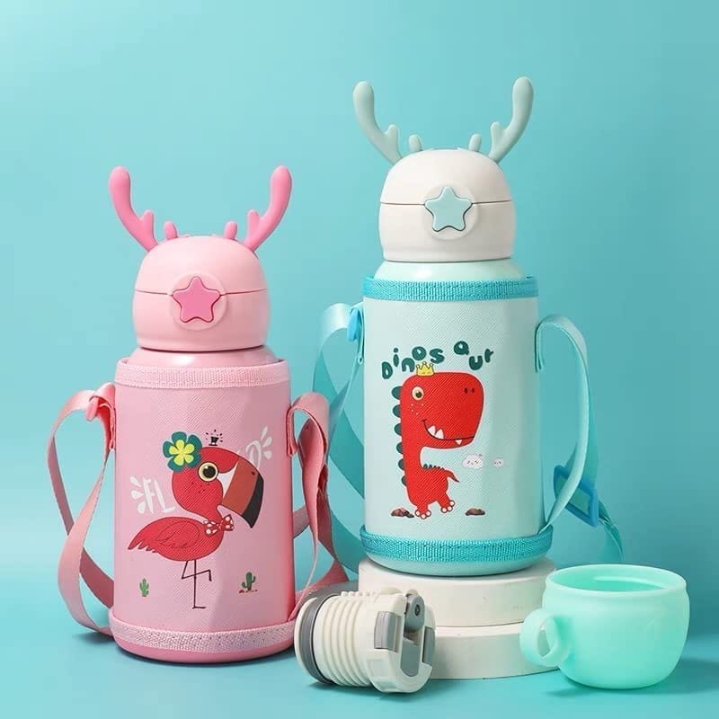 Cartoon Printed Sipper Water Bottle with Straw & Cover for Children - Stainless Steel Flask 500 ML (Blue)