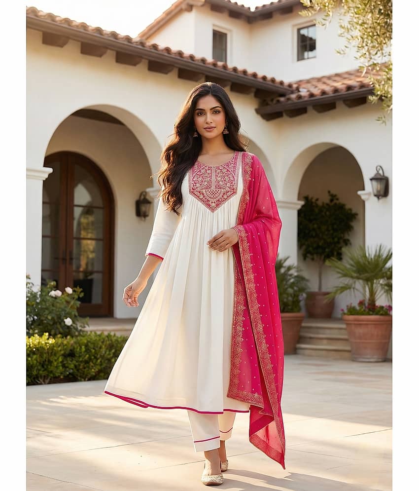 Hiva Trendz Women Polyester Embroidered Straight Kurti With Pants ( White )