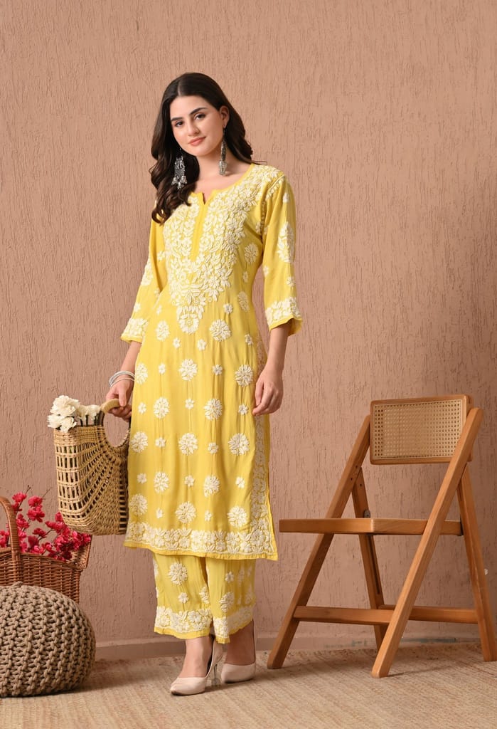 Hand Embroidered Chikankari Plazo Set 3d Work- Yellow
