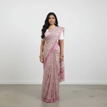 Kota Doria Handloom Saree with Blouse in Dusty Pink Block Print Kota Doria Handloom Saree with Blouse in Dusty Pink Block Print