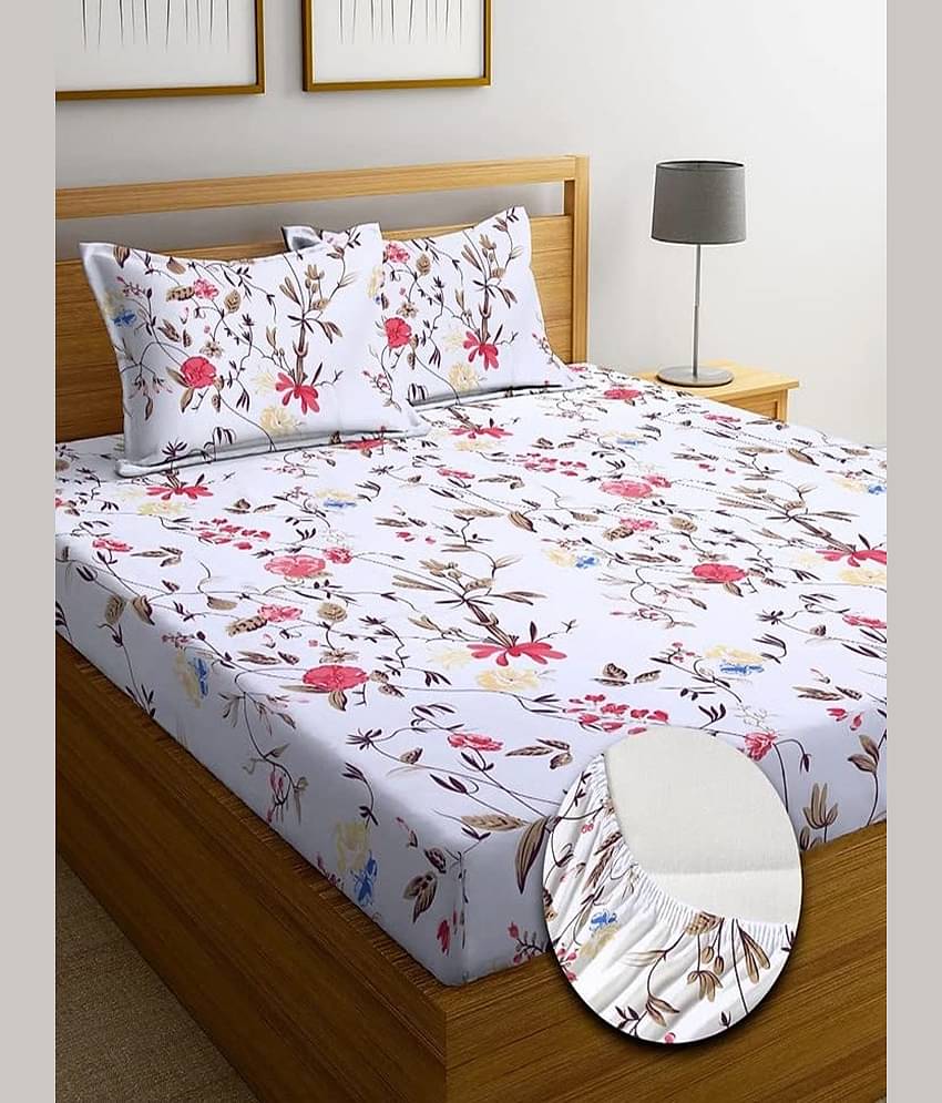 SHOMES Cotton Floral Fitted 1 Bedsheet with 2 Pillow Covers ( Double Bed ) - White