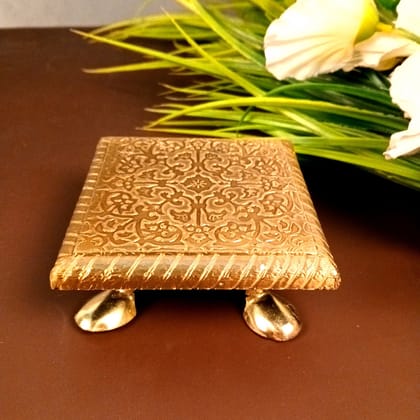 Brass Puja Chowki Bajot | Wooden Pooja Choki | Decorative Patla - For Home, Aasan for God Idol, Temple, Mandir Decor & Gifts - 4 Inch