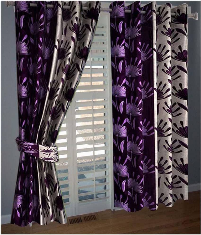 Panipat Textile Hub Floral Semi-Transparent Eyelet Door Curtain 7 ft Pack of 2 -Purple