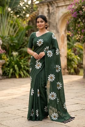 Stylish khadi sunflower printed handloom saree