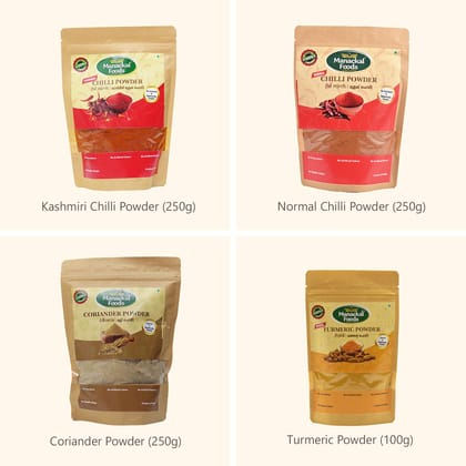 Manackal Foods Kitchen Essentials Spice Combo (Pack of 4) Pure & Natural Kashmiri Chilli Powder250g, Normal Red Chilli Powder250g, Coriander Powder-250g  & Turmeric Powder-100g