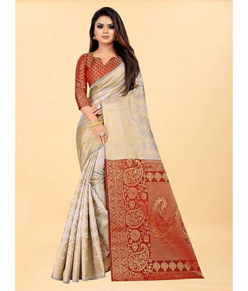 Gazal Fashions Banarasi Silk Embellished Saree With Unstitched Blouse Piece ( Cream )