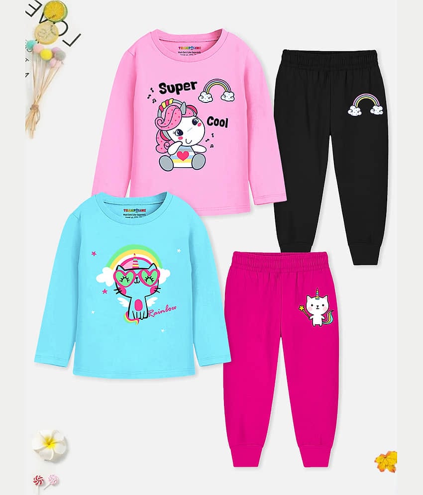 Trampoline Pack of 2 Girls Cotton Blend Nightsuit Set ( Multicolor )