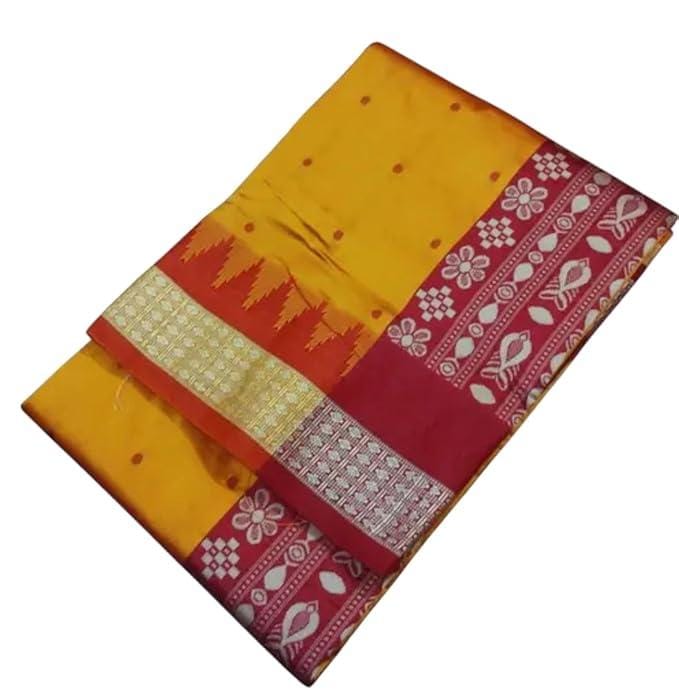 Silk Saree, Mustard Yellow with Red Border, Traditional Booti Design
