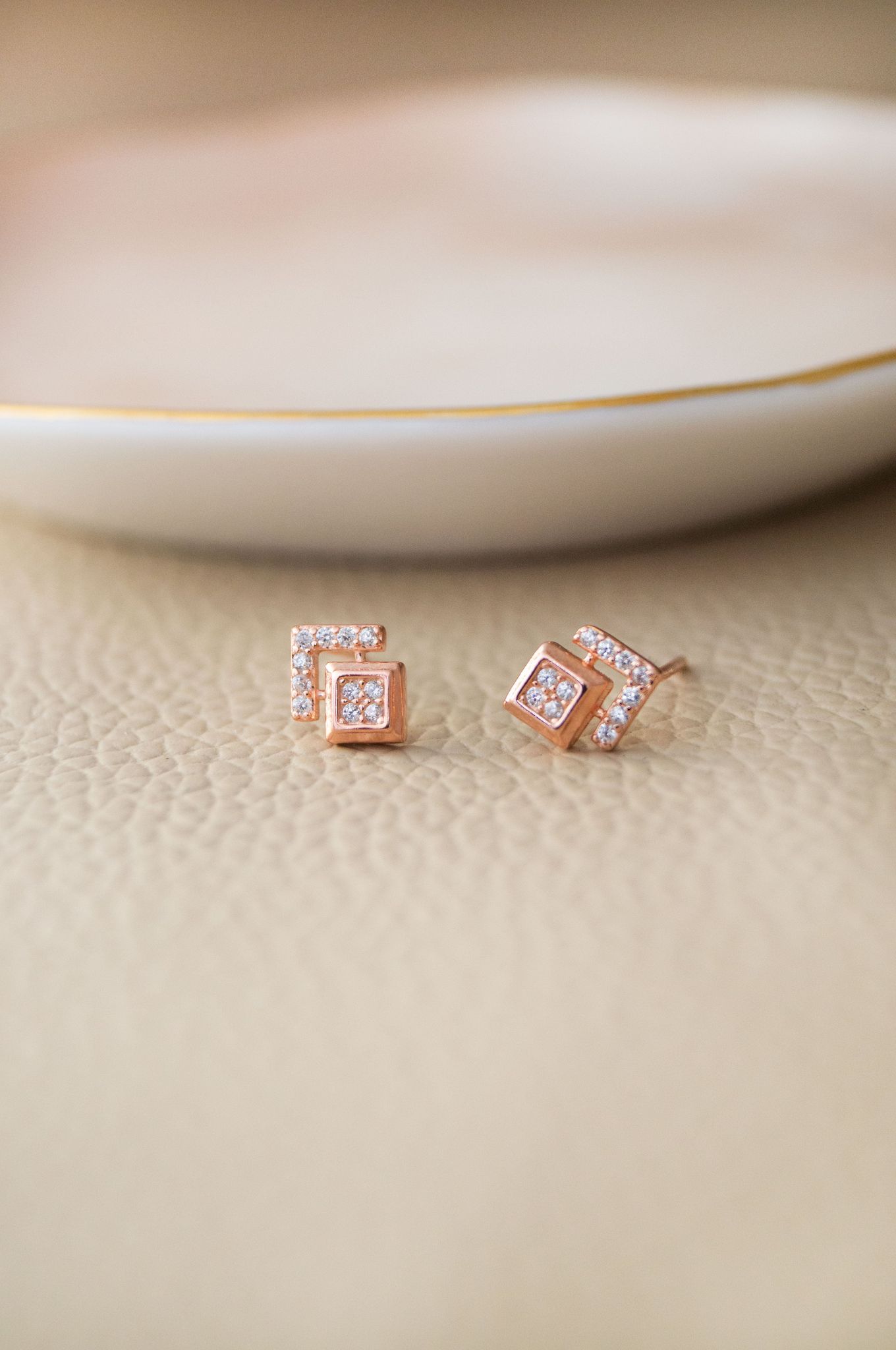 Grandeur Geometric Rose Gold Plated Sterling Silver Stud Earrings-Rose