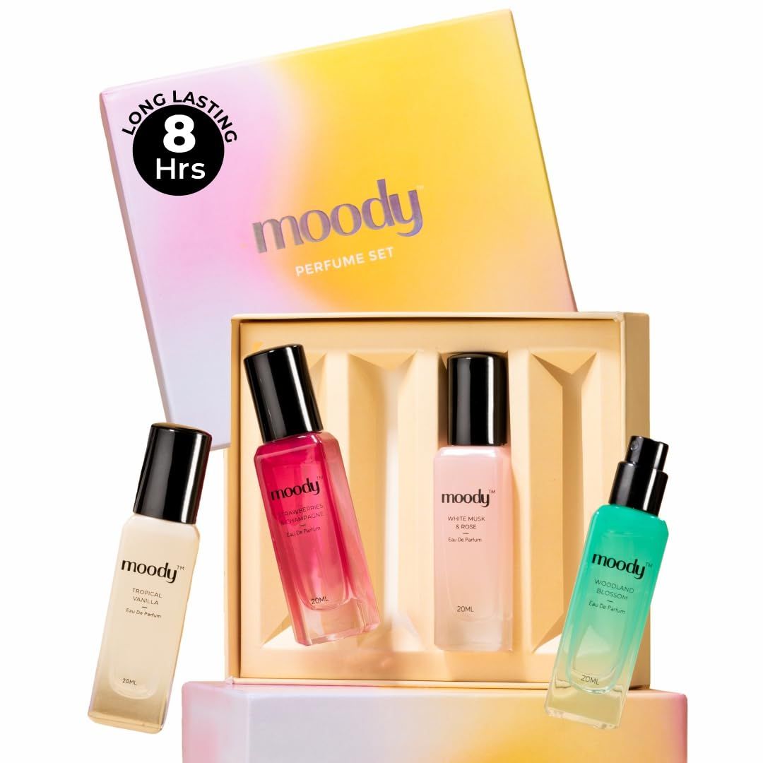 Moody Premium Perfume Gift Set of 4 for Women | IFRA Certified | Long Lasting EDP Fragrance Scent Upto 8 Hours | Floral, Fruity Luxury Perfumes | Birthday & Anniversary Gift Pack of 4x20ml Moody Premium Perfume Gift Set of 4 for Women | IFRA Certified | 