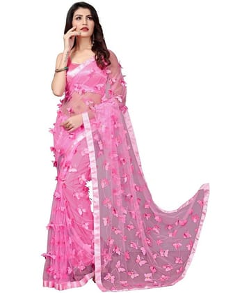 Aika Net Embroidered Saree With Unstitched Blouse Piece ( Pink )