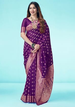 Generic Women's Jacquard Printed Saree with Unstitched Blouse Piece, Soft Lightweight 5.5 m Sari for Daily, Office and Wear (Purple, Design 67643)