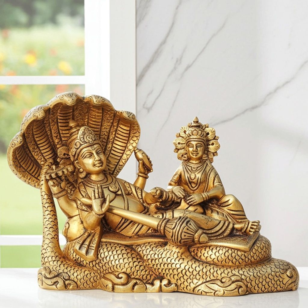 Brass Vishnu & Laxmi Ji God Idol - Premium Home Decor Murti, Height : 7 Inch (BSMAS842 P)