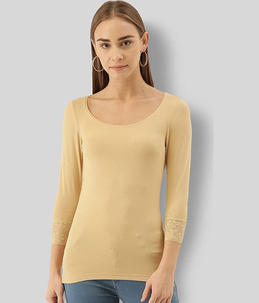 Zebu Women Viscose Solid Regular Fit Round Neck T-Shirt ( Beige )