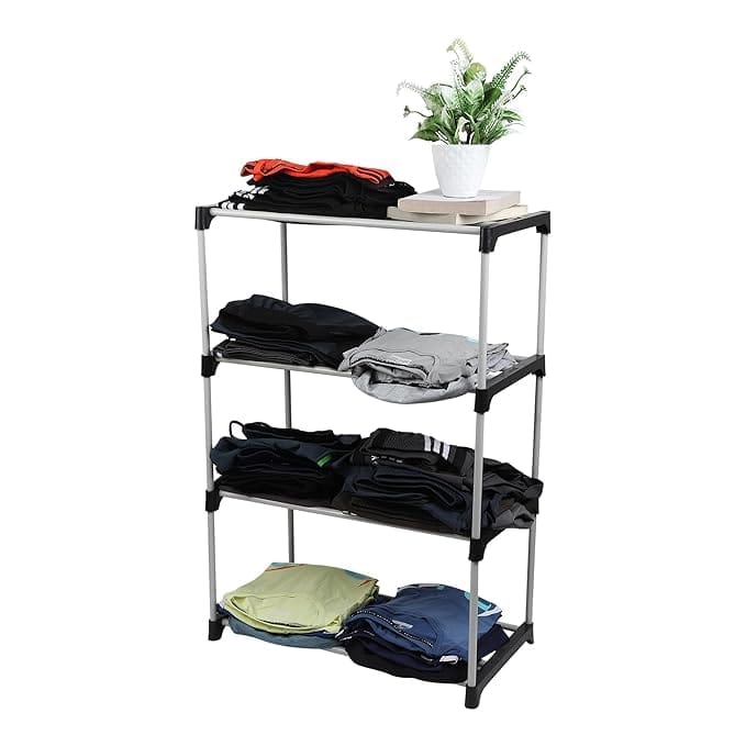 Heavy Duty 4 Layer Cloth Stand Wardrobe Storage Organizer Shelves for Clothes Rack |Home,Bedroom Organiser with 4 Layer-Black (4 Tier) rack for clothes