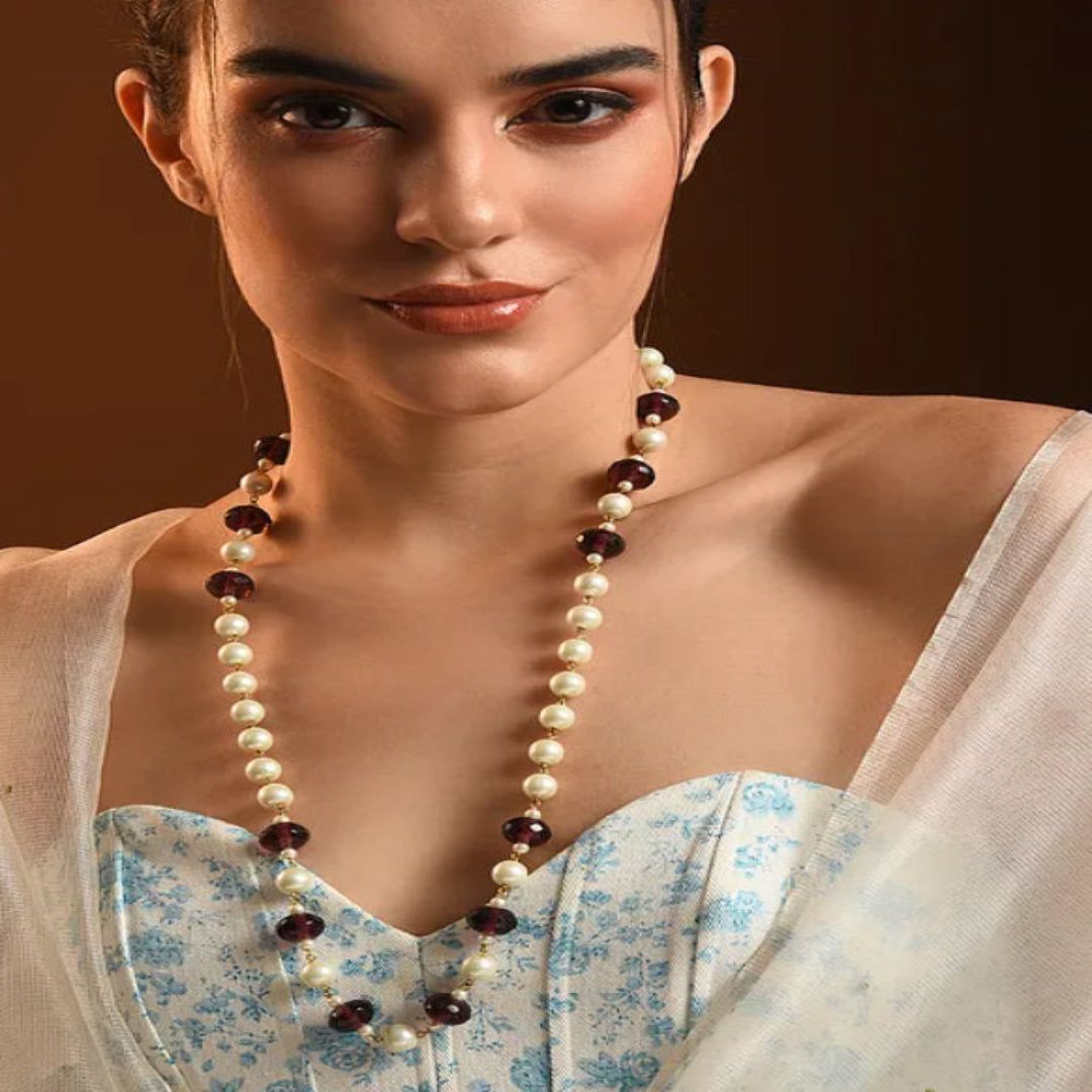 Purple White Beaded Layered Necklace with Pearls - MS354
