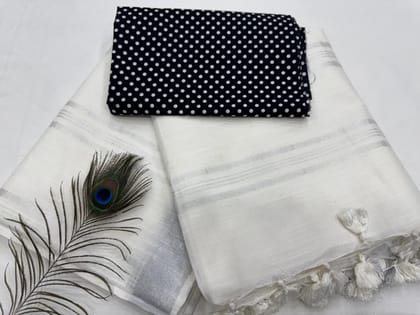 Handloom Cotton Linen Saree With Printed Cotton Blouse