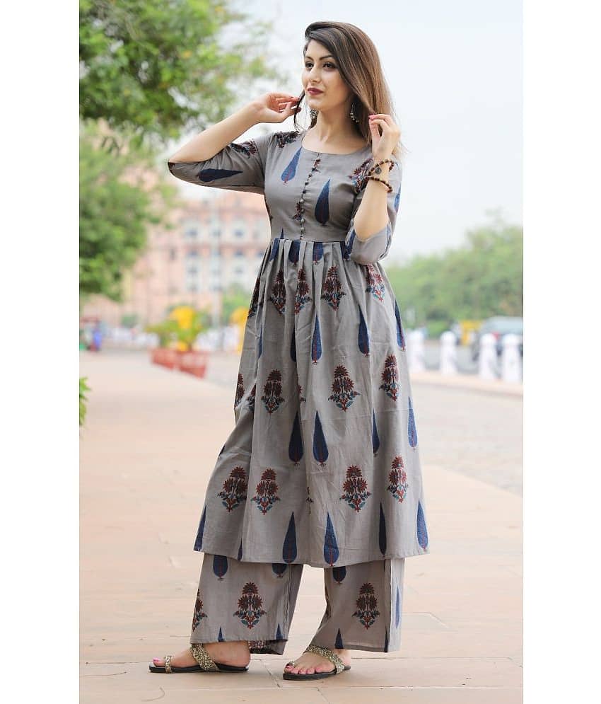 EXPORTHOUSE - Grey Frock Style Cotton Women's Stitched Salwar Suit ( Pack of 1 )