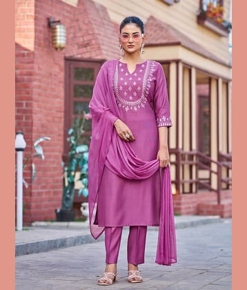 VIBE VISION Silk Self Design Kurti With Pants Women's Stitched Salwar Suit - Mauve ( Pack of 1 )