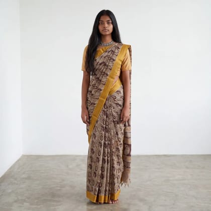 Pedana Kalamkari Block Print Saree Beige Motifs