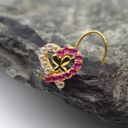 14K Real Gold Pink White Cute Heart CZ Twisted Nose Stud 24g-Left Nostril