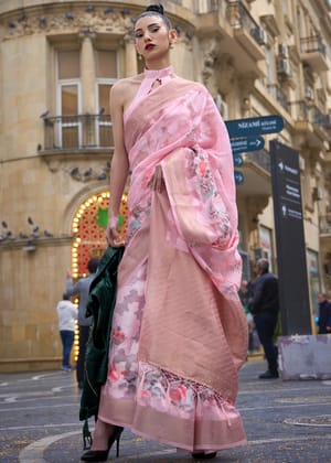 Baby Pink Printed Banarasi Soft Silk Saree